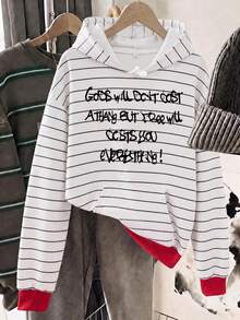 Women's Striped Sweatshirt, Contrast Color Hood Brim & Hem, Letter Print, Loose Fit Kangaroo Pocket Sweatshirt - White - View 4