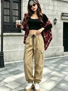 AIbart Women's Letter Print Denim Cargo Pants, Tapered Leg, Outdoor Casual Long Pants For Spring And Autumn - Khaki - View 5