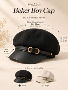 1pc Women's Vintage Newsboy Cap With Metal Buckle, Octagonal Beret, Autumn/Winter Daily Street Casual Flat Cap - Flat Top - View 9