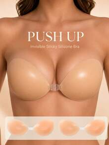 2pcs Women's Push-Up Adhesive Silicone Bra, Waterproof Strapless Backless Reusable Invisible Lifting Bra For Wedding Dresses, Swimwear & Summer Tops - Apricot - View 2