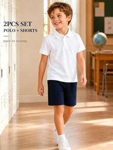 2pcs/Set Little Boy Back To School Outfit, White Polo Shirt And Navy Blue Elastic Waist Shorts, School Uniform Style Suitable For Daily Wear And School Activities - Royal Blue - View 1