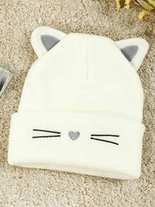 1PC Women's Casual White Cat-Shaped Heart Pattern Ear Knitted Hat, Cute Style, Suitable For Party And Daily Wear - White - View 2