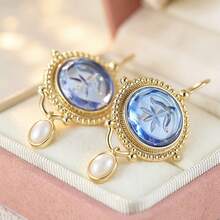 1 Pair Vintage Exotic Embossed Blue Glass Round Pendant Pearl Drop Earrings For Women Couples Friends Party Date Gift Commute Jewelry - Gold - View 1