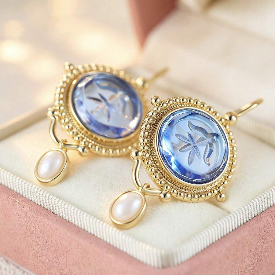 1 Pair Vintage Exotic Embossed Blue Glass Round Pendant Pearl Drop Earrings For Women Couples Friends Party Date Gift Commute Jewelry - Gold - View 1