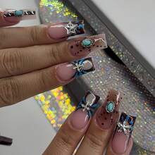 24 Square Press On Nails Featuring Blue Patterns And Black Polka Dots, Accented With Turquoise Stones And Silver Star-Shaped Charms In A Western-Style French Tip Design. These False Nails Are Perfect For Everyday Wear, Dates, And Shopping. - Multicolor - View 7