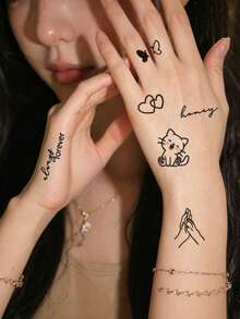 1 Sheet Cute Mini Temporary Tattoo Stickers, Fine Line Cartoon Cat Butterfly Interlocking Hearts & Cursive Words Fake Tattoos, Sweet Aesthetic Body Art For Women, Waterproof Finger Decor - Black - View 4