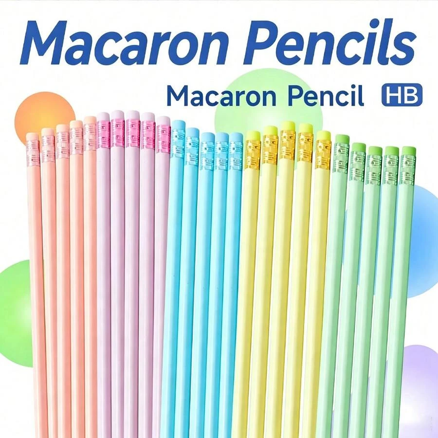 5 Pieces Of Macaron HB Pencils In Bulk, Made Of Plastic With Erasers And Triangular Shape. Ideal For The School Season / Back-To-School Season / Halloween / Christmas.
