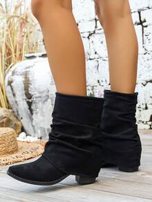 1 Pair Women's Autumn/Winter Ruched Mid-Calf Boots, Vintage Chunky Heel Fashion Boots - Black - View 2