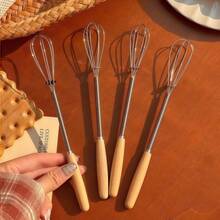 1pc/3pcs Solid Wood Handle Whisk, 7.9 Inch Mini Stainless Steel Manual Wire Stirrer, Kitchen Baking Mixing Tool, Home Kitchen Utensil. Note: Hand Wash Only, Dry Wooden Handle After Use; Slight Color Difference Due To Lighting Is Normal. - Multicolor - View 2