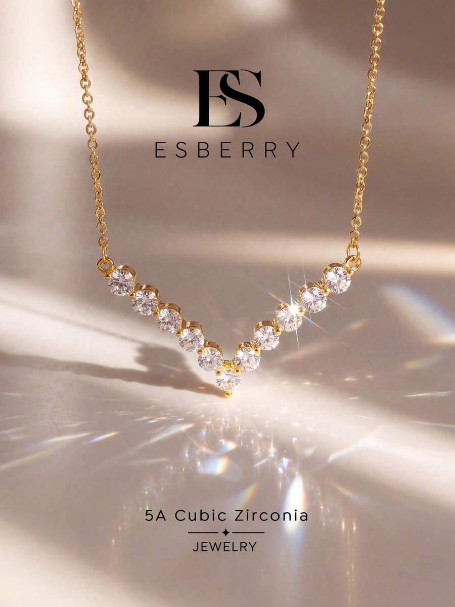 ESBERRY 1pc Elegant Cubic Zirconia Pendant Necklace, Exquisite Women's Jewelry Gift, Suitable For Birthday, Party, Holiday - V-shaped Diamond Necklace - View 1