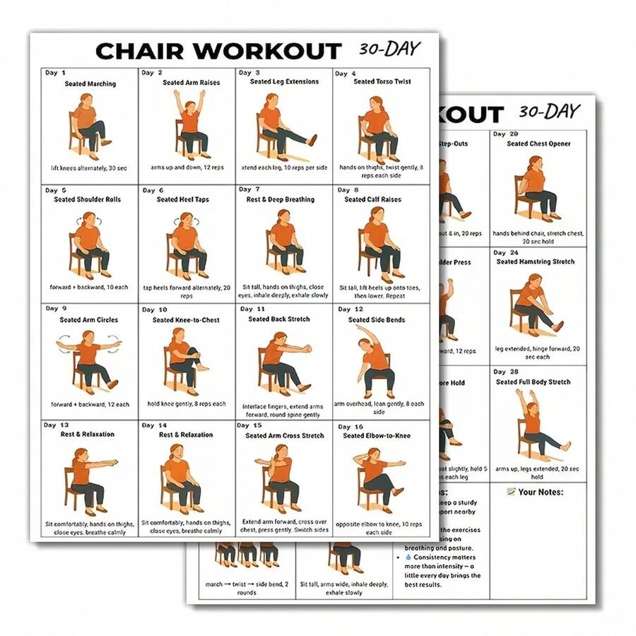 2PCS 30-Day Chair Workout Poster - Seated Exercise Chart For Seniors & Beginners - Low Impact Chair Yoga & Stretching Routine - Home Gym Wall Decor & Fitness Guide For Elderly - Single Piece - View 1