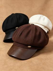 1pc Solid Color Elegant Metal Logo Decor PU Leather Brim Street Ins Retro Newsboy Cap, Women's Autumn/Winter Hot-Selling Fashion High-End Versatile Beret, Comfortable Casual Outdoor Sketching Gathering Shopping Photography Wear - Leather Brim Newsboy Cap - View 5