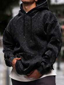 Men's Autumn/Winter Minimalist Fashion Casual Layered Portrait Print Faux Washed Kangaroo Pocket Drawstring Hooded Sweatshirt - Black - View 2