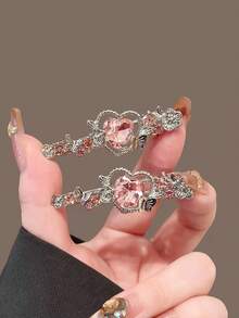 2pcs/1pc Sweet And Fresh Pink Heart Flower Rhinestone Hair Clips, Unique Side Bangs Hair Clips, Exquisite Hair Accessories, Suitable For Women, Travel, Birthday, Claw Clips - Multicolor - View 1