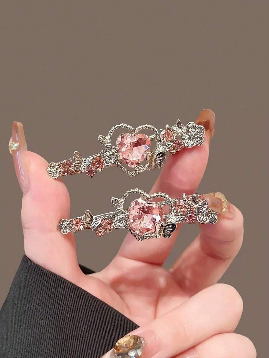 2pcs/1pc Sweet And Fresh Pink Heart Flower Rhinestone Hair Clips, Unique Side Bangs Hair Clips, Exquisite Hair Accessories, Suitable For Women, Travel, Birthday, Claw Clips - Multicolor - View 1