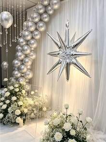 2pcs 4D Silver Star Shaped Foil Balloons, 14-Angle Star Explosion Balloons, 22 Inch Balloons, Birthday Wedding Anniversary Party Decoration - Multicolor - View 3
