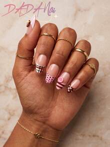 10pcs Hailey Almond Handmade Press-On Nails, Fake Nails, Hand-Painted Acrylic Nails, Pink Cute Glossy, Plaid Polka Dot Stripe Button Decor, Autumn Nails, Reusable Set, Gift For Women And Girls For Daily And Party - Multicolor - View 2