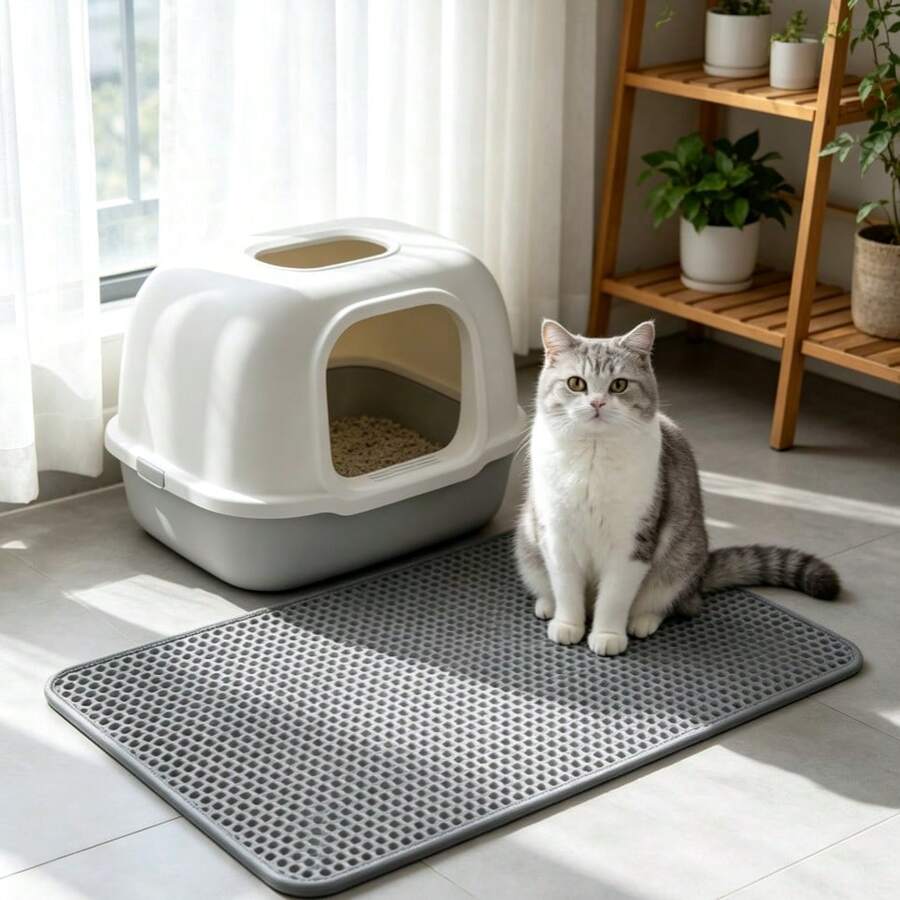 1pc EVA Cat Litter Mat, Double Layer One-Piece Single Opening Washable Litter Trapping Mat For Indoor Household Cats - Grey - View 1