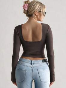 Vaiaye Women's Long Sleeve Sexy Backless Fitted Sports Top, Spring/Summer - Coffee Brown - View 1
