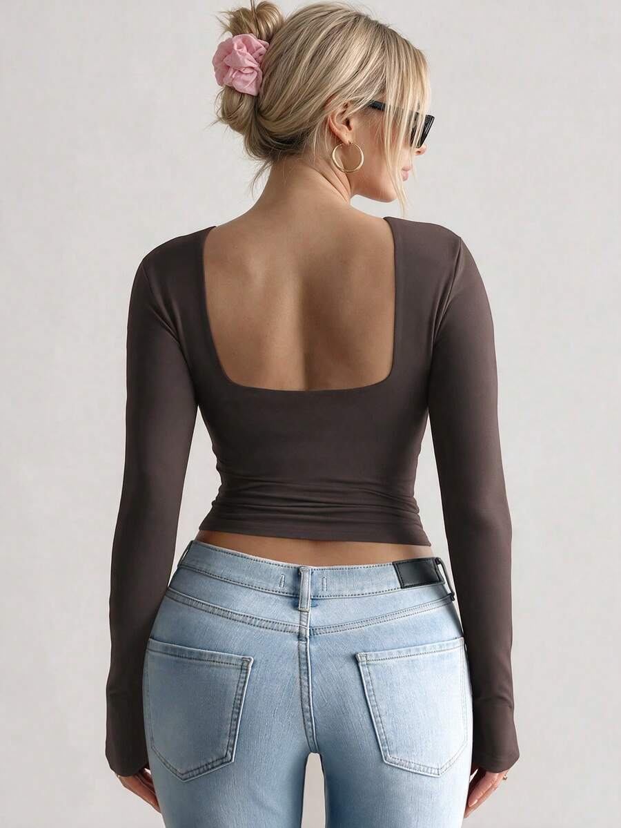 Vaiaye Women's Long Sleeve Sexy Backless Fitted Sports Top, Spring/Summer - Coffee Brown - View 1