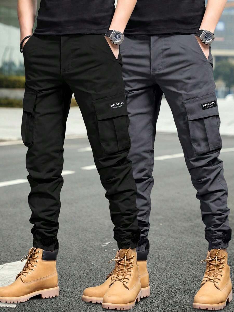 2pcs Tween Boys Casual Sports Outdoor Pocket English Graphic Cargo Pants, Spring & Autumn - Black - View 1