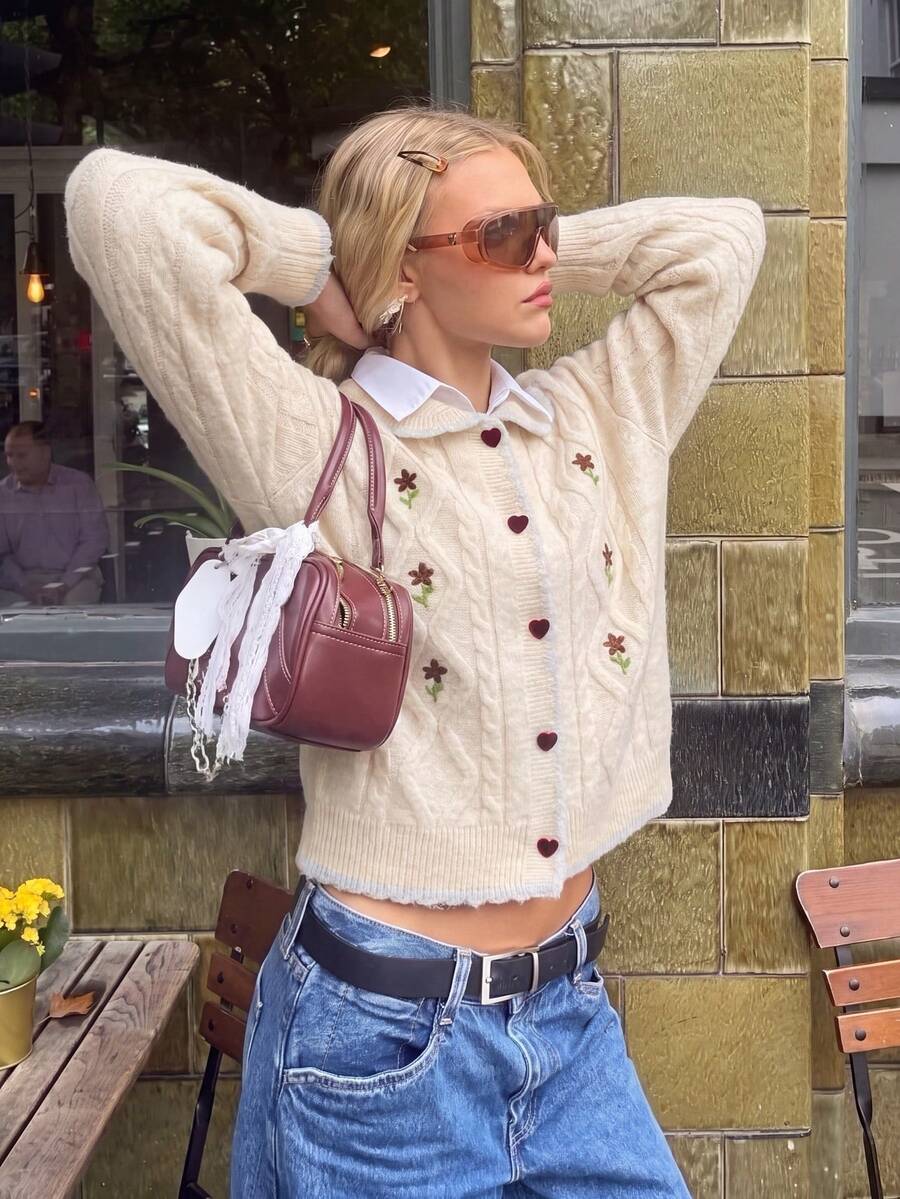 Women's Floral Embroidered Cable Knit Cardigan, Heart Button Collar Cardigan, Autumn/Winter Thanksgiving/Christmas - Apricot - View 1