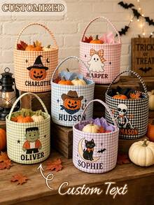 Personalized Plaid Halloween Basket, Customized Halloween Trick Or Treat Bag - Multicolor - View 1