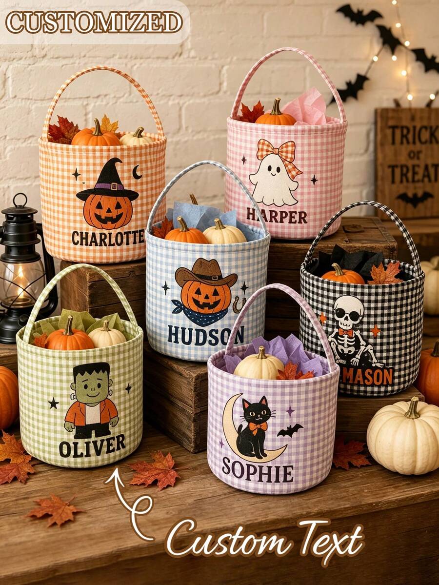 Personalized Plaid Halloween Basket, Customized Halloween Trick Or Treat Bag - Multicolor - View 1