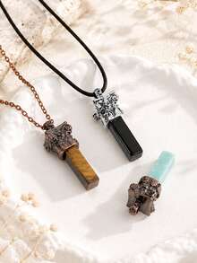 1pc Men's Natural Stone Sheep Head Necklace Reiki Rectangle Pendant Healing Fluorite Amethyst Tiger Eye Obsidian Crystal Necklaces H956 - Necklace - View 4