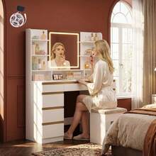 HaluPeit Dressing Table With LED Light, Vanity Desk With 1 Large Drawer And 8 Small Drawer Cabinets, Adjustable Brightness, Large HD Mirror, 9 Open Storage Areas - Platinum - View 1