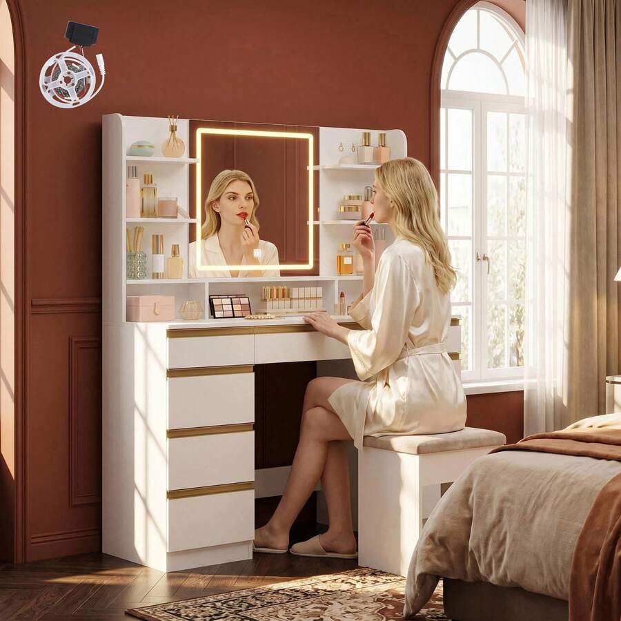 HaluPeit Dressing Table With LED Light, Vanity Desk With 1 Large Drawer And 8 Small Drawer Cabinets, Adjustable Brightness, Large HD Mirror, 9 Open Storage Areas - Platinum - View 1