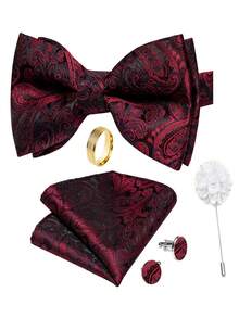 5Pcs Men Red Paisley Jacquard Bow Tie Pocket Square Cufflinks Ring Boutonniere Set, Cufflinks Pattern Random For Wedding - Red - View 1