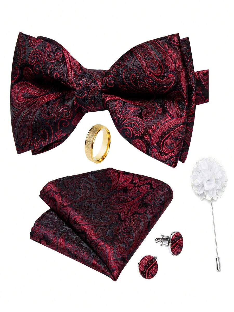 5Pcs Men Red Paisley Jacquard Bow Tie Pocket Square Cufflinks Ring Boutonniere Set, Cufflinks Pattern Random For Wedding - Red - View 1