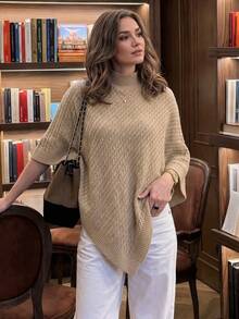 Women's Mock Neck Knitted Shawl - Apricot - View 1