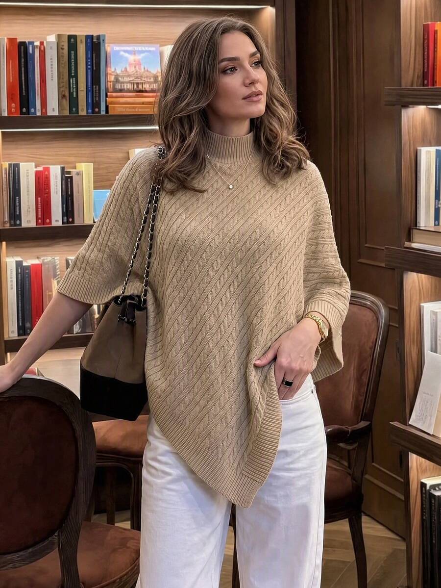 Women's Mock Neck Knitted Shawl - Apricot - View 1