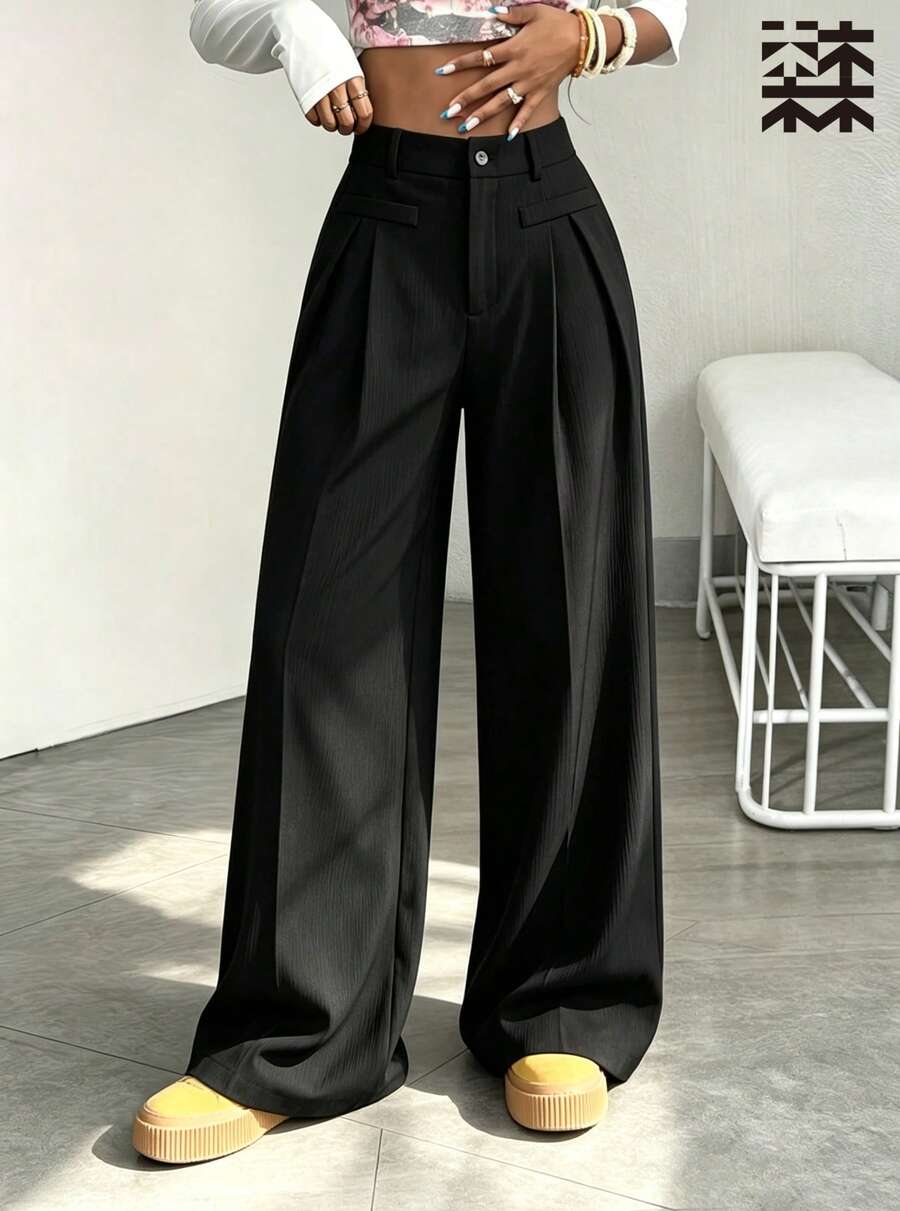 mulinsen Women Athletic Wide Leg Pants,Ribbed Texture Button Zipper Fly Fake Pocket High Waist Loose Fit,Workout Daily Street Outdoor Wear - Deep Space Black - View 1