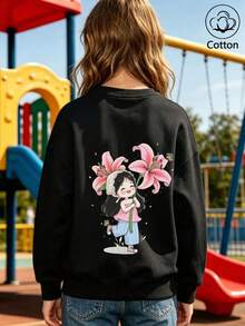 Girls' Cute Printed Drop-Shoulder Round-Neck Long-Sleeve Casual Sports Sweatshirt - Black - View 9