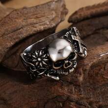 European And American Cross Skull Relief Carved Ring, Vintage Distressed Silver Texture Gothic Style Men's Street Party Finger Ring Jewelry, Halloween Gift - Antique Silver - View 3