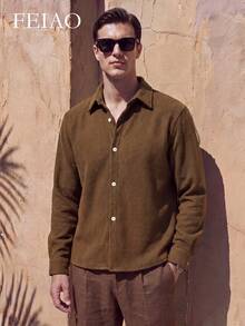Men's Casual Single-Breasted Long Sleeve Shirt, Suitable For Daily Wear - Brown - View 3