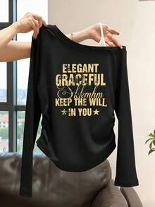 Niche Aesthetic Asymmetrical Shoulder Star & Letter Print Long Sleeve T-Shirt, Side Ruched Waist-Defining Cropped Top For Women, Autumn - Black - View 4