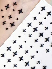 2pcs New Black Cross Star Four-Point Star Mixed Size Face Stickers, Used For Facial Makeup Decoration And Beautification, Minimalist Cross Star With Packaging Paper, Y2K Face Stickers, Sticker Shop Exclusive DIY - Black - View 3