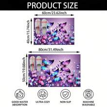 1pc Blue & Purple Butterflies Print Design Microfiber Bath Rug,Non‑Slip Soft Bathroom Mat,Water‑Absorbent Doormat,Machine Washable,Low Pile,TPR Backing,Knit Fabric,ForBedroom,Kitchen,Entryway Indoor Use,Accessories & Home Decor,Perfect New House Gift - A - View 3