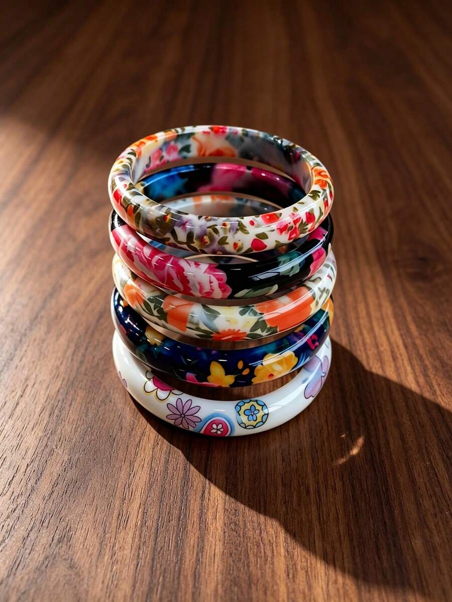 5pcs/Set Fashion Exaggerated Thick Multicolor Printed Resin Bangle Set, Suitable For Women - Multicolor - View 1