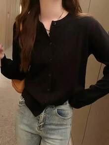 Knitted Cardigan Sweater Autumn/Winter Round Neck Solid Color Top - Black - View 2