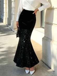 Black Sequin Patchwork Skirt, Elegant Casual Ceremonial Style, Autumn Skirt - Black - View 3