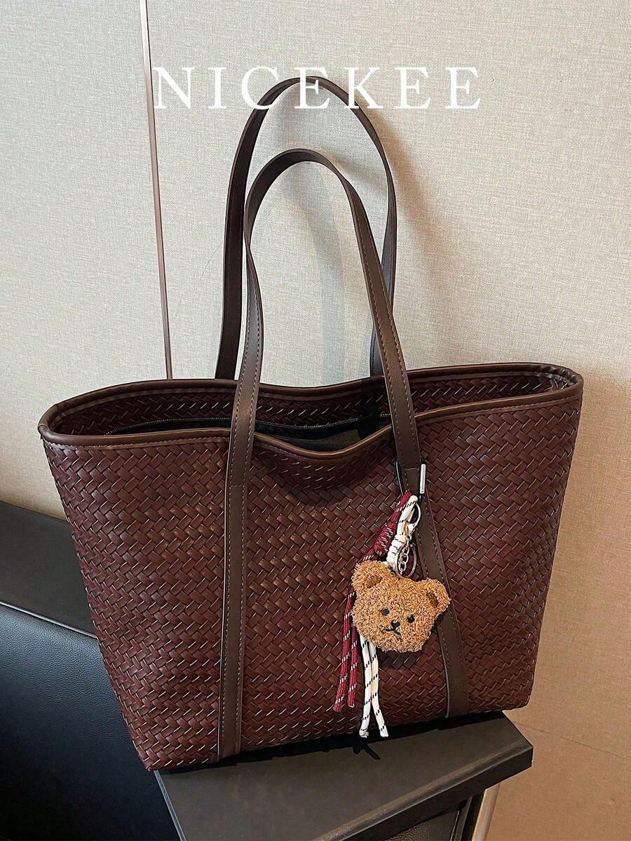 NicekeeMinimally Woven Texture Tote Bag, Paired With Teddy Bear Tassel Pendant, Korean Style, Suitable For Casual Dating, Shopping, Work And Commuting