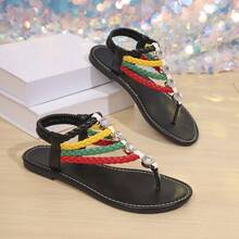 Women's Summer Bohemian Braided Rhinestone Roman Flat Sandals, Casual Vacation Style Versatile Shoes - Black - View 4