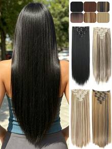 18in~32in Clip-In Hair Extensions 7pcs Black & Gold Mixed Color, Synthetic Fiber Material, Suitable For Women And Girls For Party And Daily Use - Multicolor - View 3