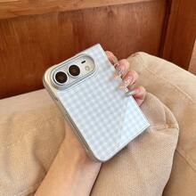 Ốp lưng điện thoại khung bạc mạ điện họa tiết kẻ caro Macaron cho iPhone Duo/18, phong cách tối giản tươi mới, dạng gập chia đôi, bao phủ toàn diện, chống rơi bảo vệ máy - Màu xanh nhạt - Xem 3