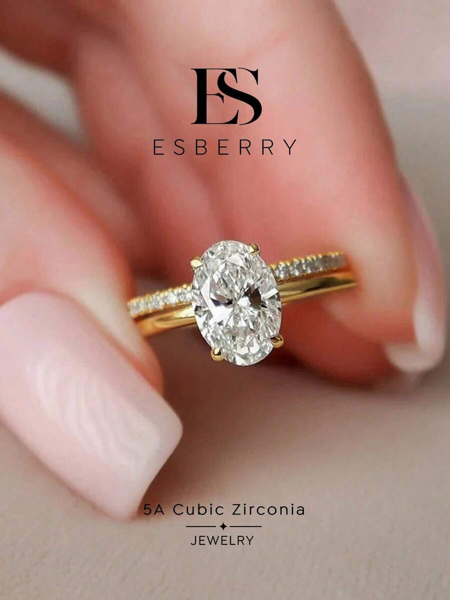 ESBERRY 2件組閃亮莫桑鑽訂婚戒指 婚戒 可疊戴戒指 承諾戒指 永恆戒指 情人節奢華珠寶禮物 - 光面四爪單鑽套戒 - 查看 1
